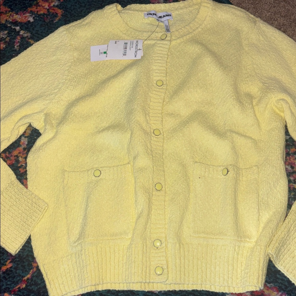 Nordstrom Pale Yellow Crewneck Button-Front Cardigan